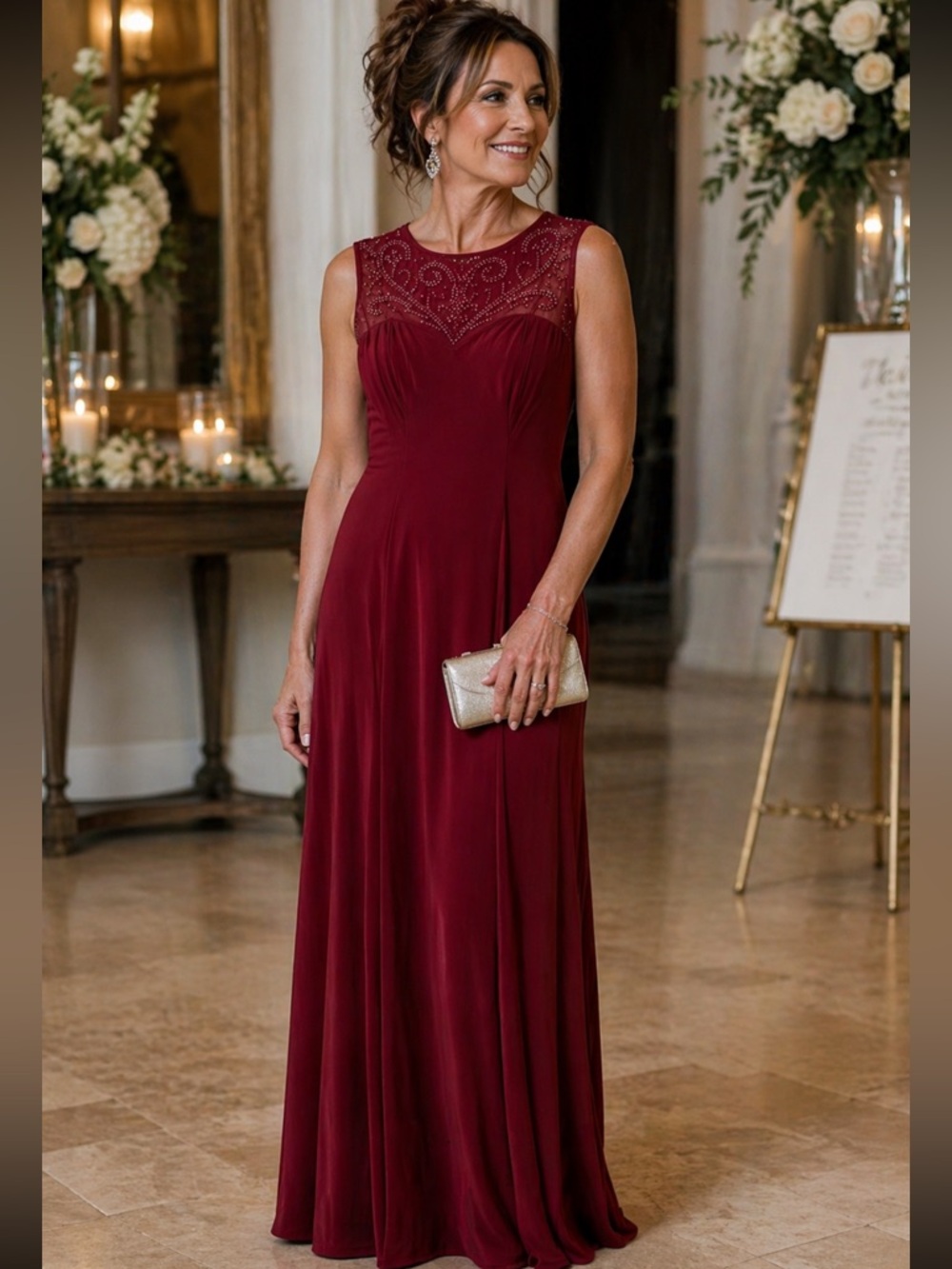 Cachet Burgundy Sleeveless Maxi Dress with Lace Yoke